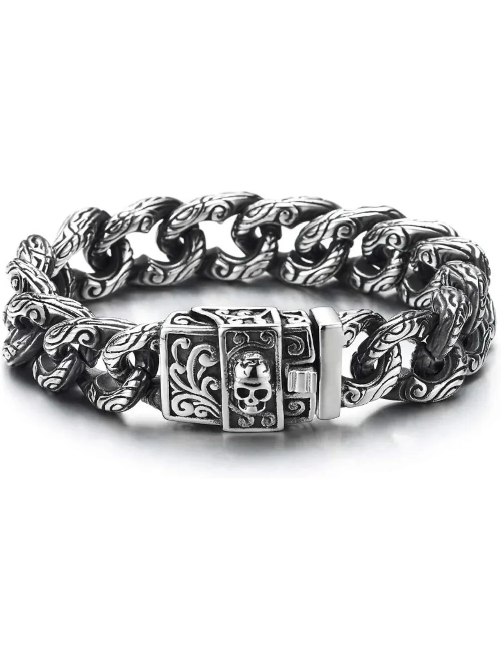 Gothic Retro Men's Large Steel Tribal Curb Chain Bracelet with Skull Clasp